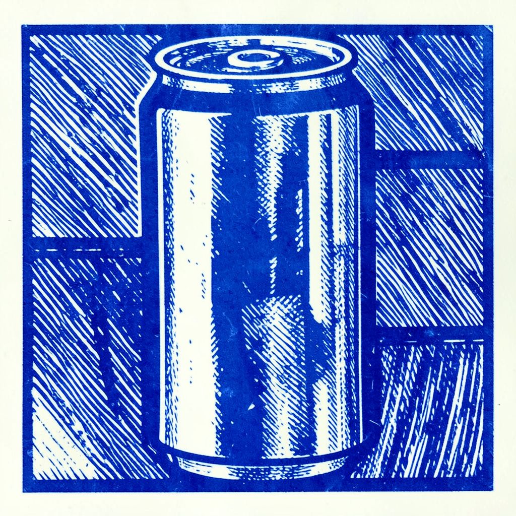 Carved linocut-style illustration of coffee cans in blue and warm tones, calm mood