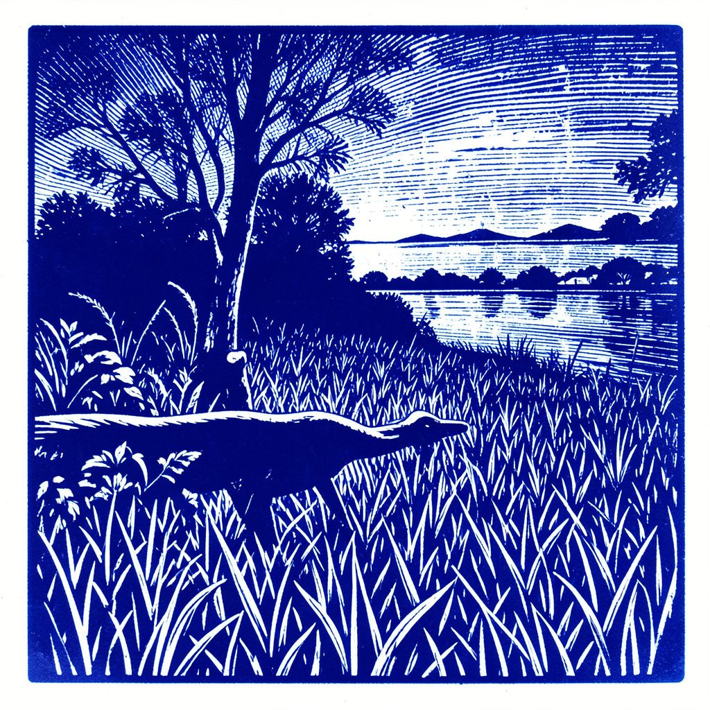 Linocut-style header art in blue and cream tones depicting a field-to-table coffee theme, warm and earthy mood