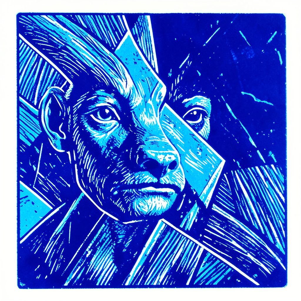 Carved linocut-style illustration of stacked coffee cans arranged as a case, muted blue tones, orderly mood