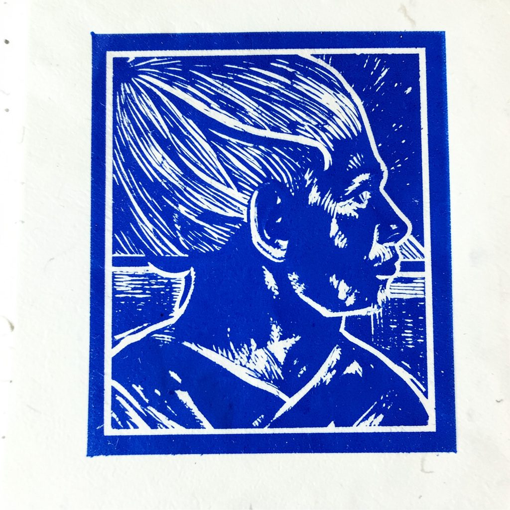Carved linocut-style illustration of coffee cans with a blue and cream palette, steady mood