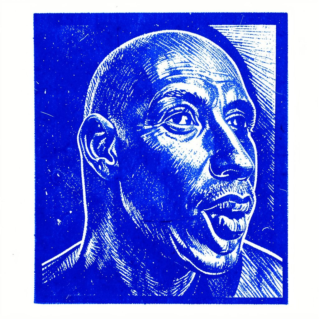 Carved linocut-style illustration of a coffee product display in navy and sky blue, orderly mood